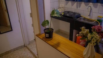 Una cocina con un lavabo, estufa y una planta en maceta sobre la encimera.