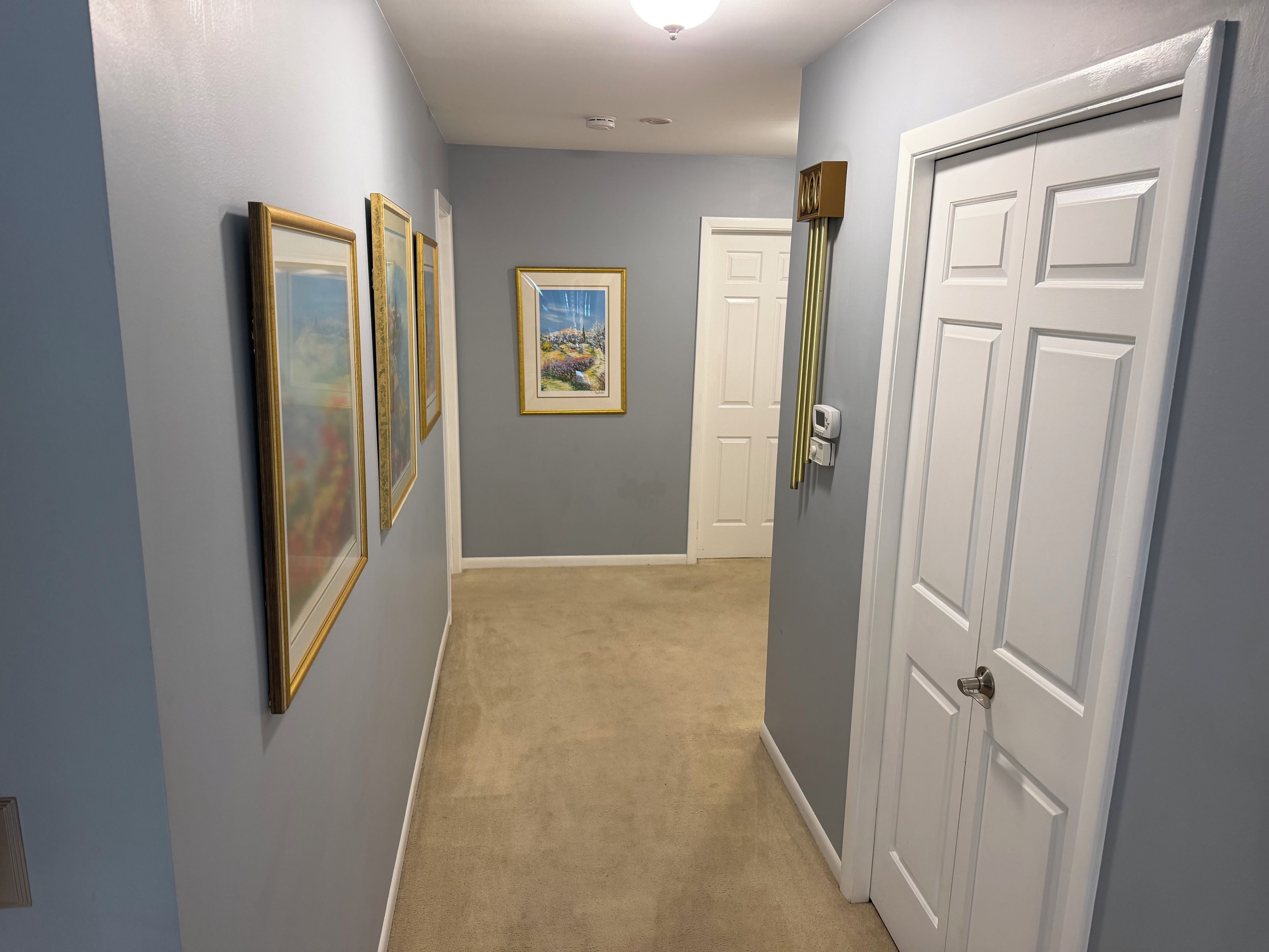 Un couloir aux murs bleu clair, avec un tapis beige et des portes blanches. Des tableaux encadrés ornent le mur.