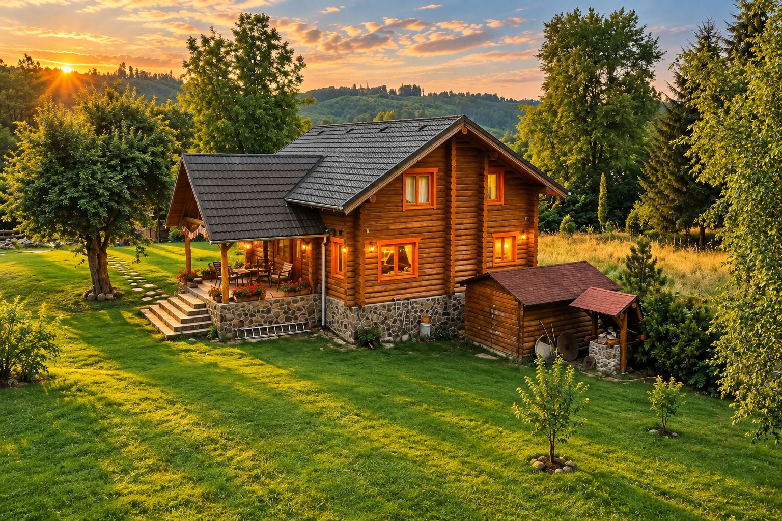 Une cabane en rondins avec des fondations en pierre, une véranda dotée de sièges d’extérieur et un petit abri attenant.