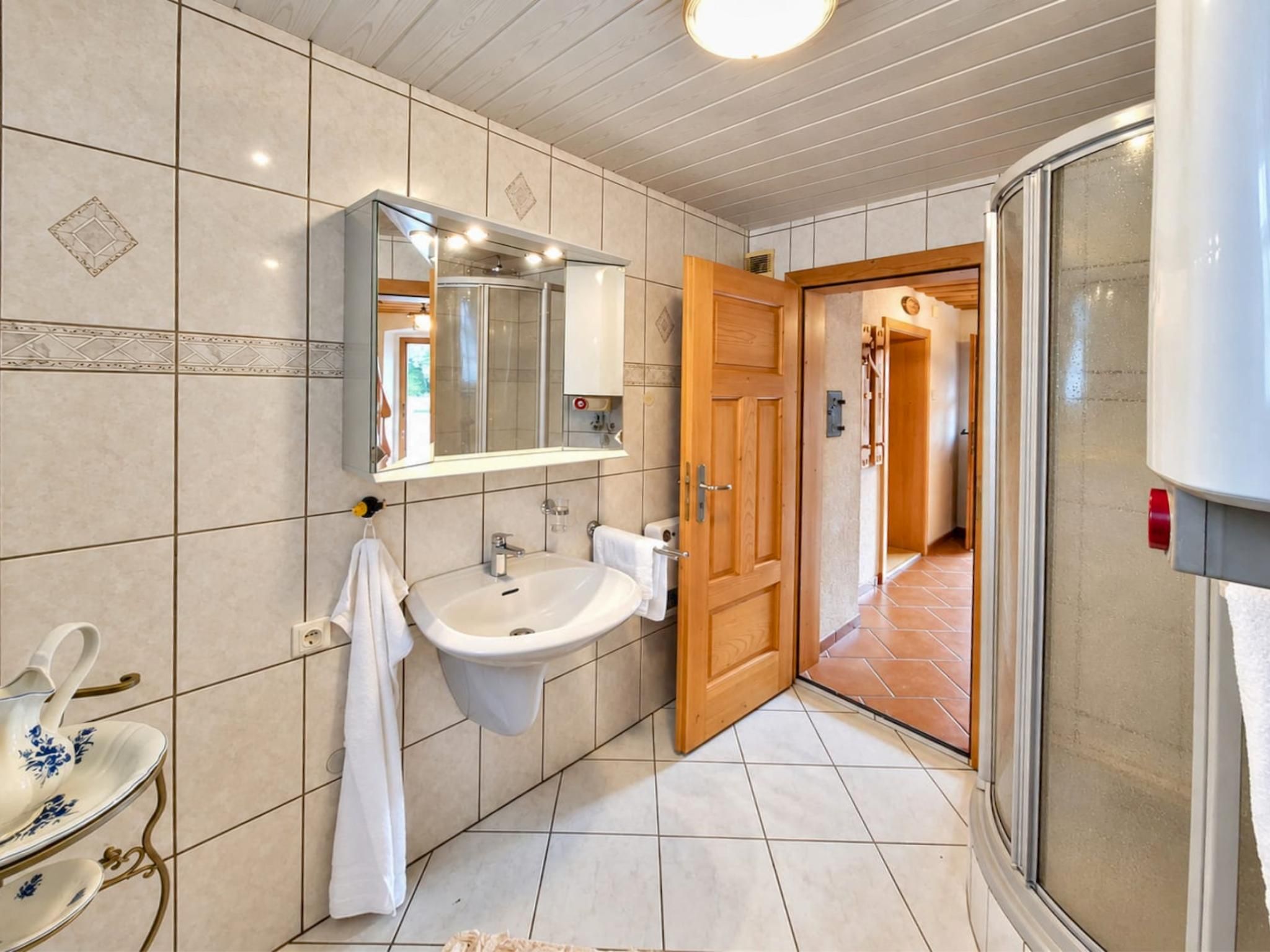 A bathroom with a sink, mirror, shower, and a door leading to another room.