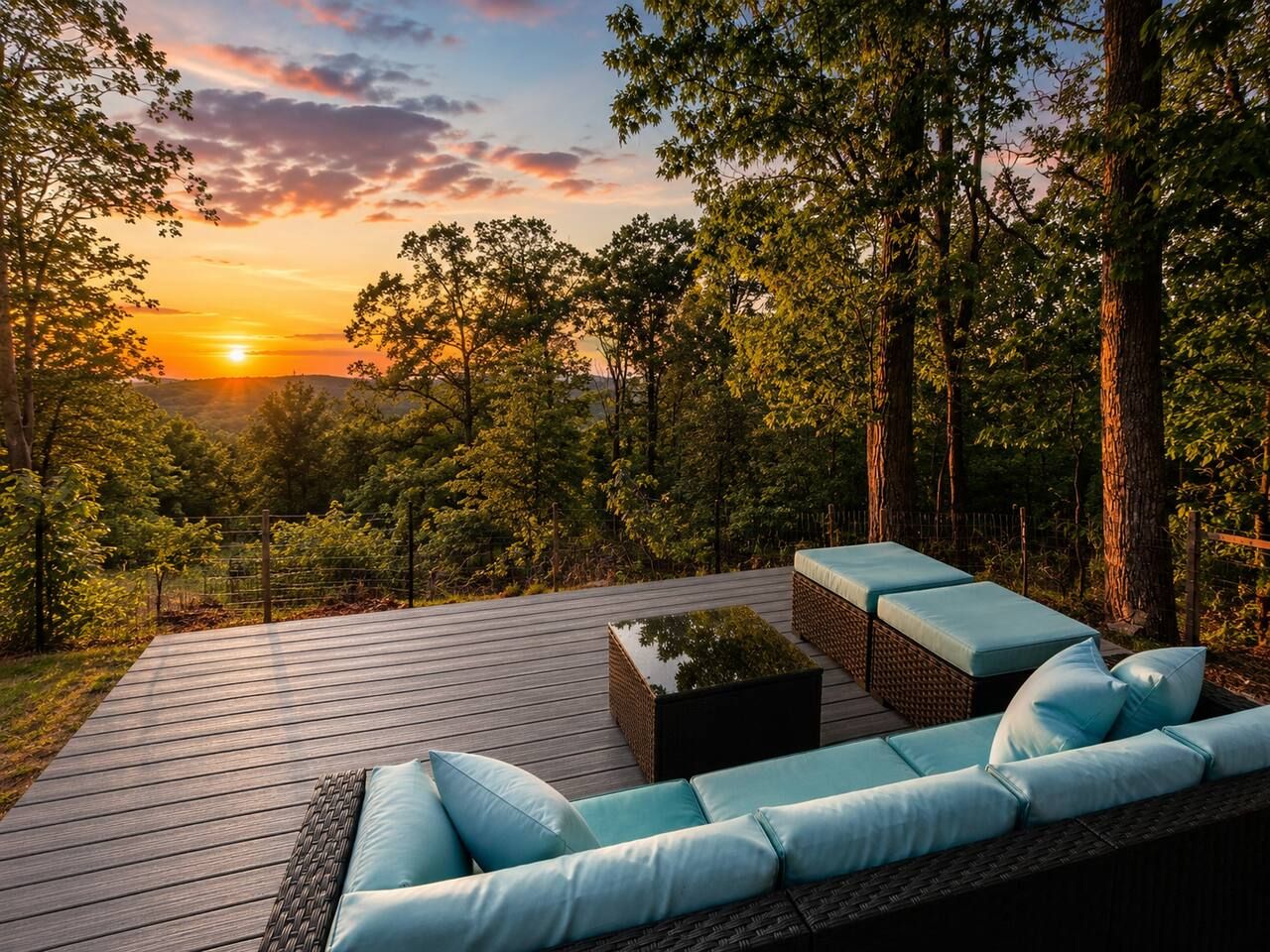 An outdoor deck with a sofa and a coffee table, surrounded by trees and overlooking a landscape.