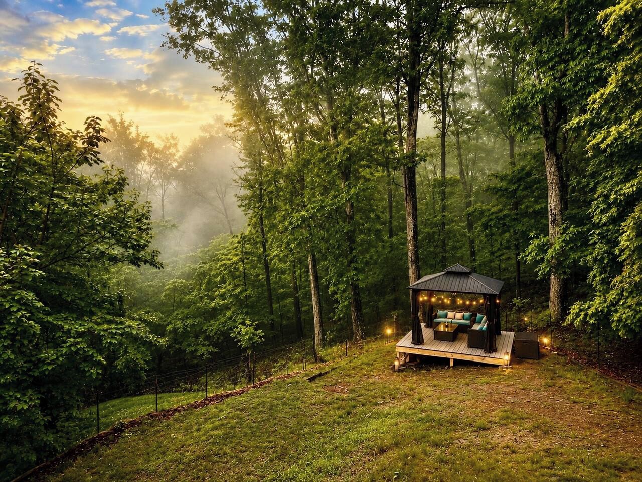 A gazebo with a wooden deck and seating area surrounded by a forest.