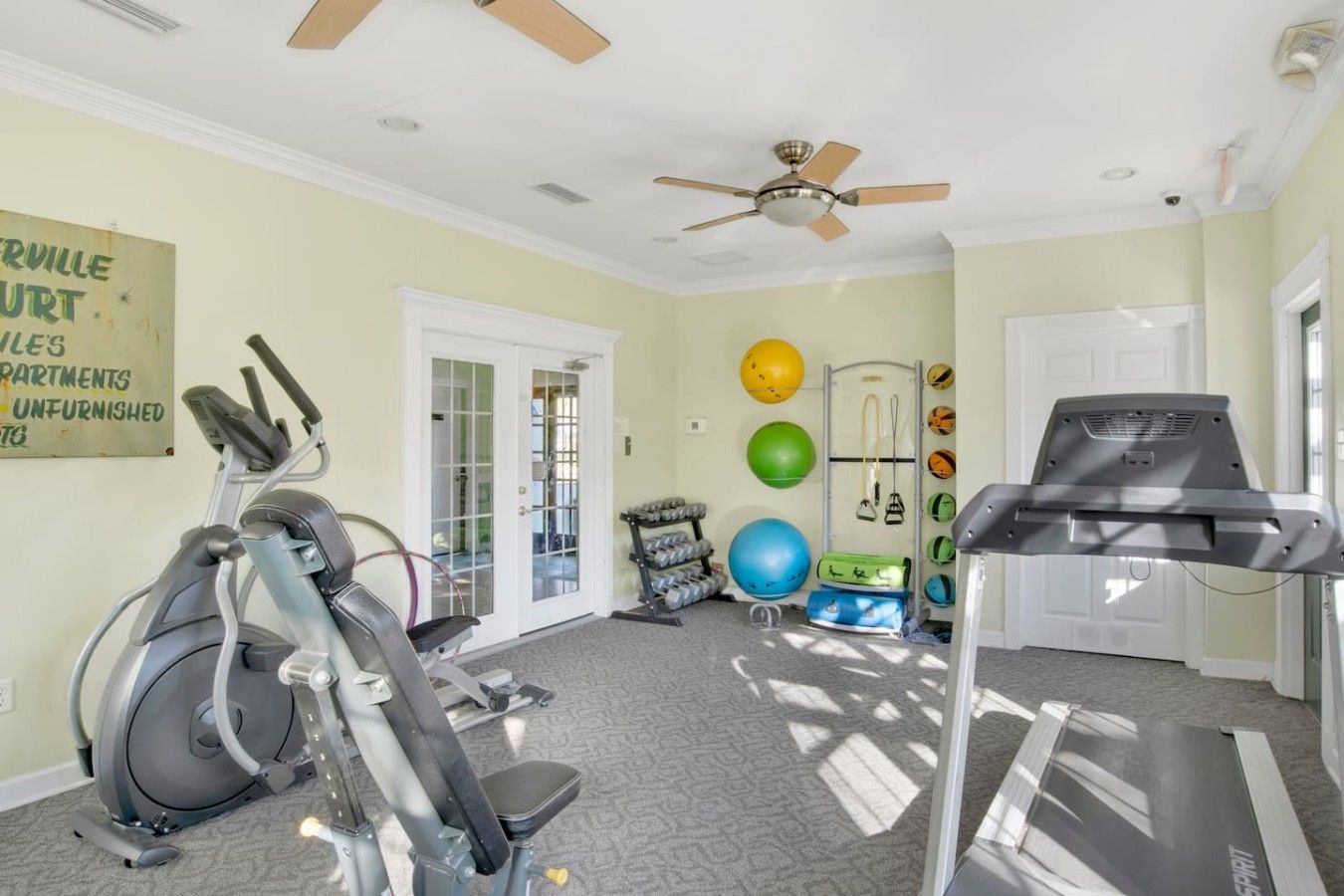 A room with a ceiling fan, a treadmill, an elliptical machine, and a wall-mounted exercise ball rack.