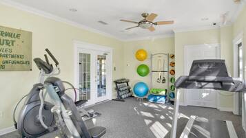 A room with a ceiling fan, a treadmill, an elliptical machine, and a wall-mounted exercise ball rack.