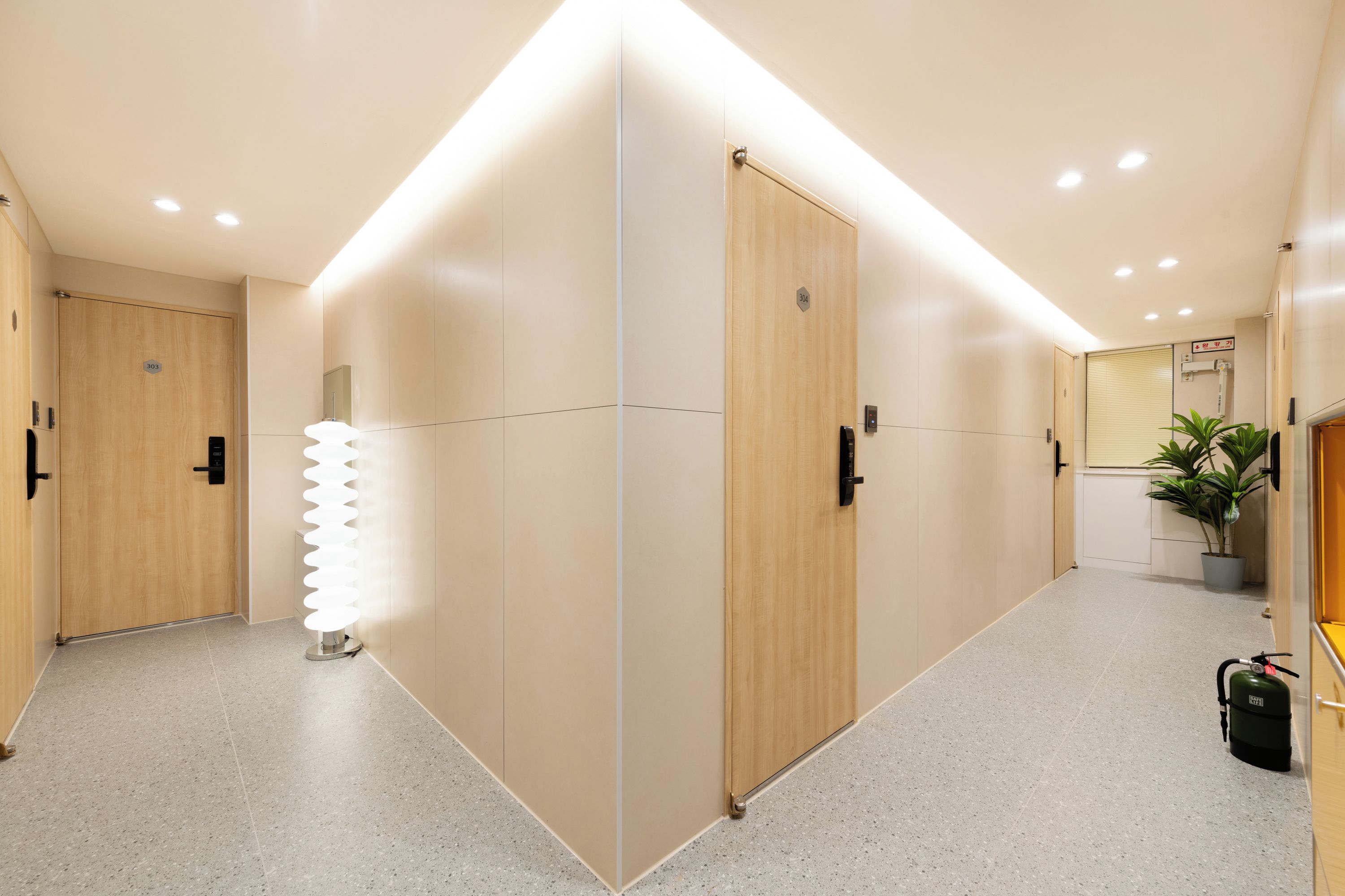 Un pasillo con puertas de madera, una lámpara y una planta en maceta.