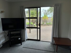 Een kamer met een televisie op een standaard, een schuifdeur naar een buitenruimte met planten en uitzicht op zee.