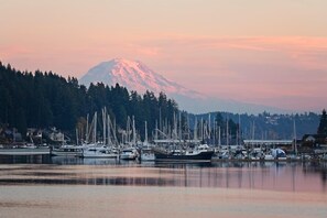 A marina with boats docked, a mountain in the background, and a forested area. - Serene & Wooded Retreat | Shops & Waterfront (Gig Harbor)