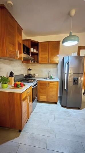 A kitchen with wooden cabinets, a gas stove, a sink, and a stainless steel refrigerator. - Sophisticated retreat with every comfort (Santo Domingo)