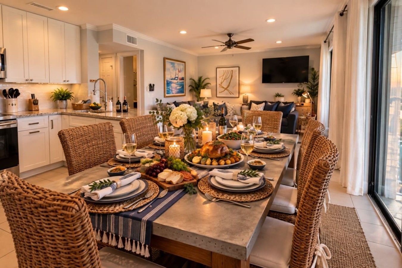 A dining area with a long table set for a meal, surrounded by wicker chairs, and a kitchen in the background.