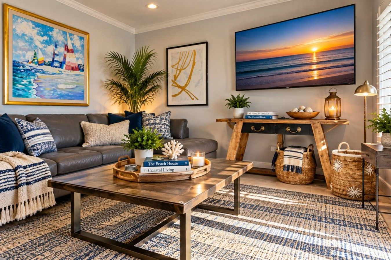Een woonkamer met een bank, salontafel en een televisie waarop een zonsondergang te zien is.