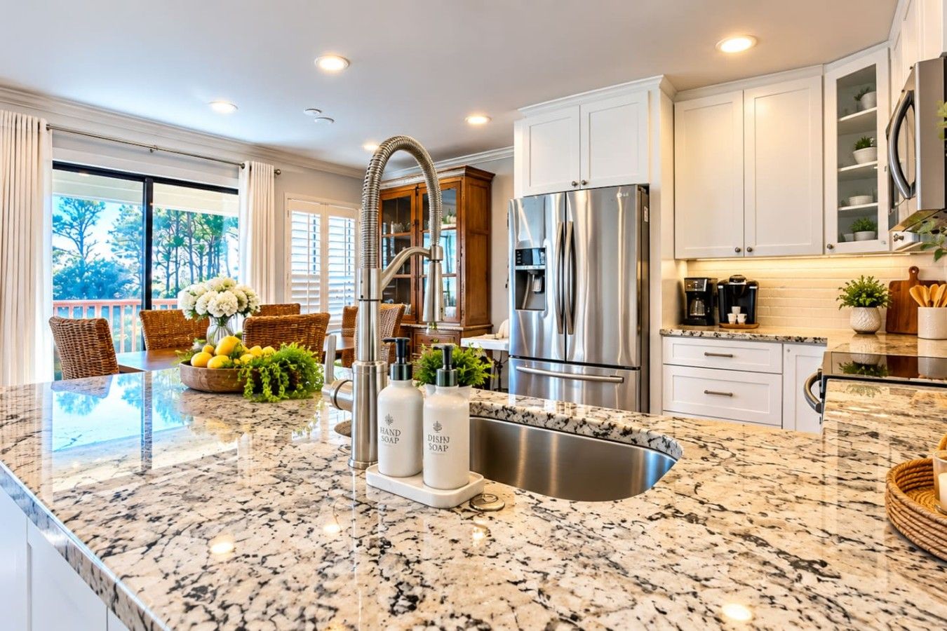 A modern kitchen with granite countertops, stainless steel appliances, and a large island with a sink.