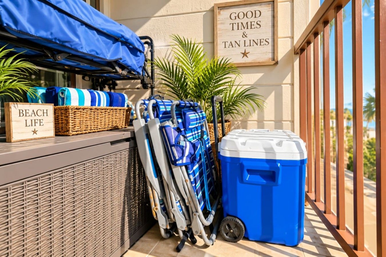 A balcony with a blue cooler, beach towels, and a wicker basket labeled 'BEACH LIFE'.