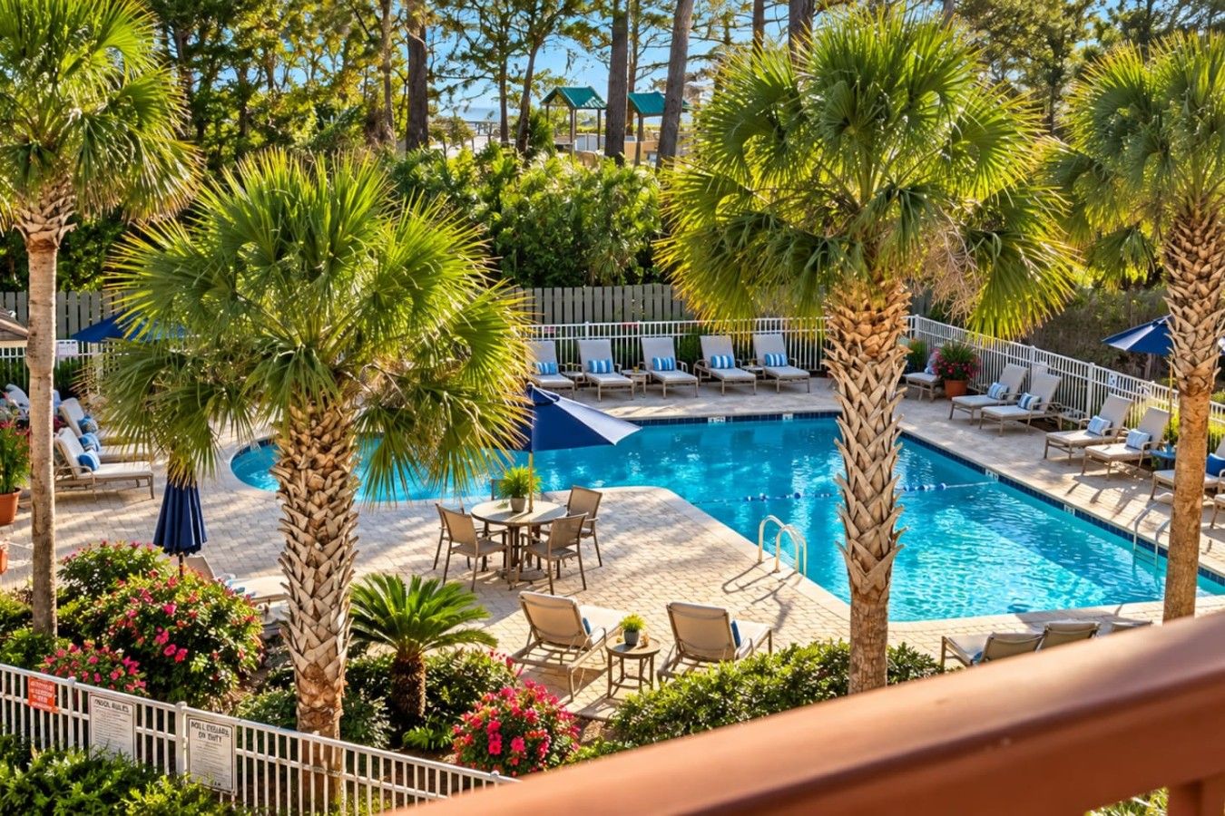 A pool area with lounge chairs, a table, and palm trees.