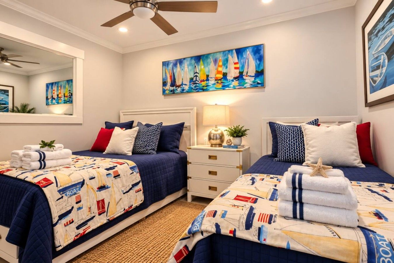 A hotel room with two beds, nautical-themed bedding, a painting of sailboats, a ceiling fan, and a nightstand with a lamp and a plant.