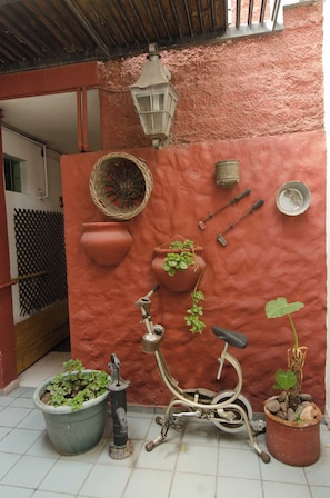 A red wall with a hanging light fixture, a woven basket, and several potted plants. - Wine Aparts (Mendoza)