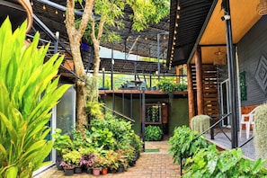 A modern outdoor area with a staircase, potted plants, and a wooden structure.