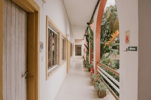 Un pasillo con una puerta de madera, ventanas y plantas en macetas.