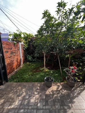 Un patio empedrado con dos plantas en macetas y una pared de ladrillo.