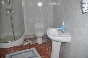 A bathroom with a shower, toilet, and sink. - Hostal y Cabanas Anakena (Hanga Roa)