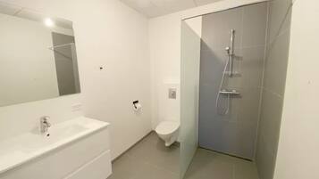 A modern bathroom with a glass shower enclosure, a white sink, and a toilet.