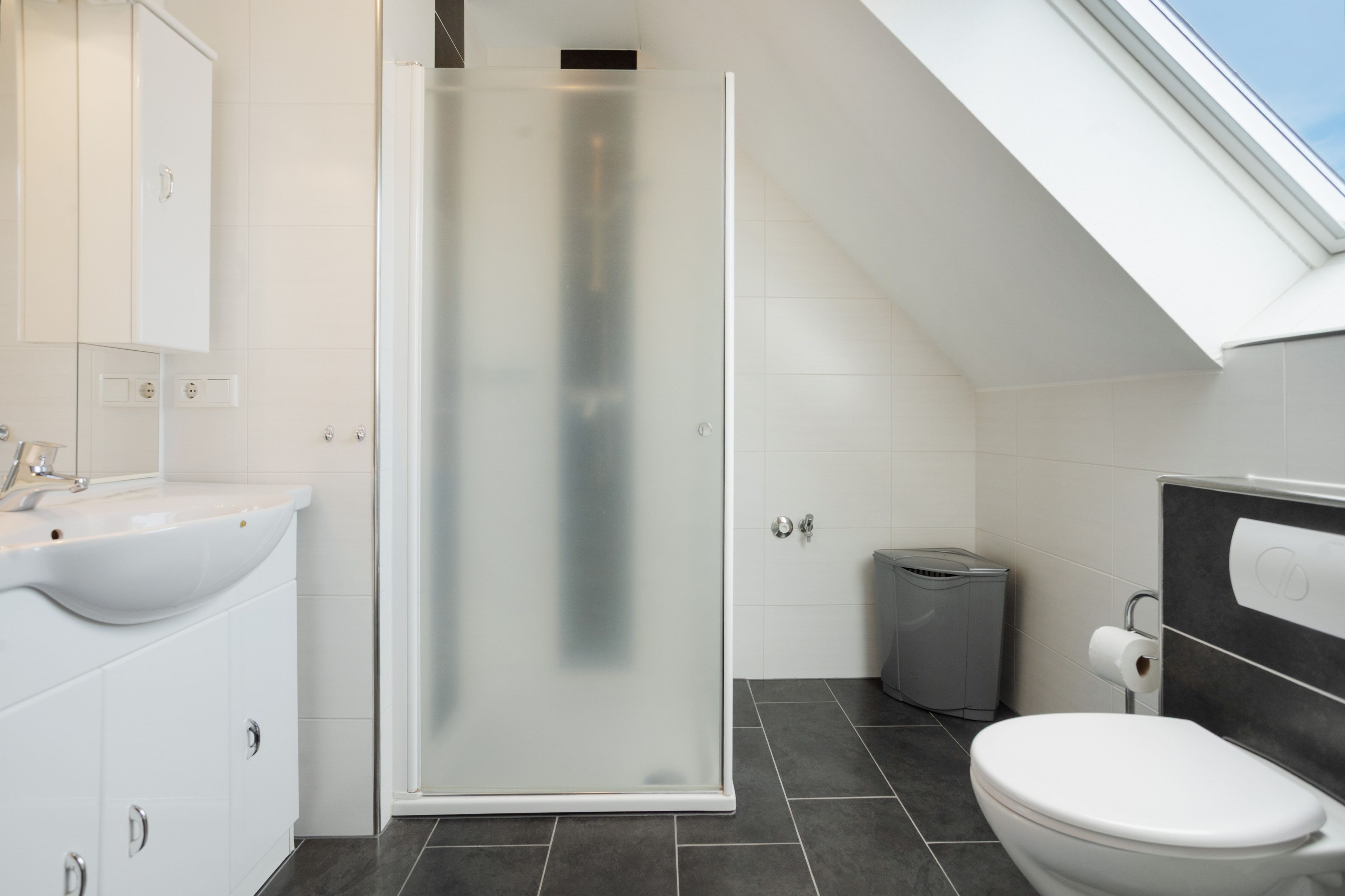 Ein modernes Badezimmer mit Dusche, Toilette und Waschbecken.