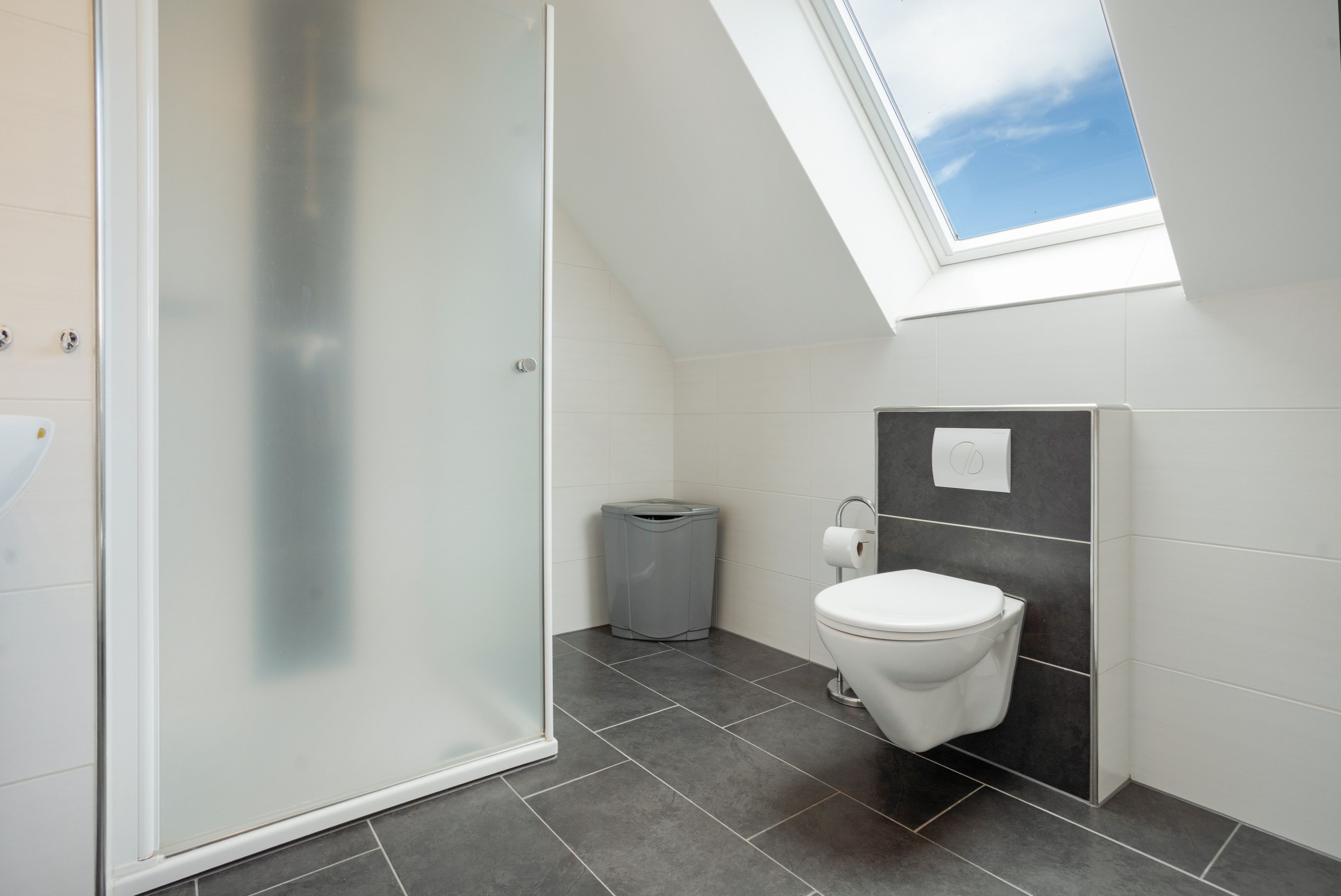 A modern bathroom with a skylight, a toilet, and a trash bin.