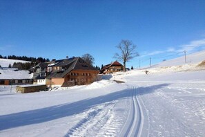 A snow-covered road with houses on one side and a clear sky. - Holiday home with 1 bedroom (Todtnau-Herrenschwand)