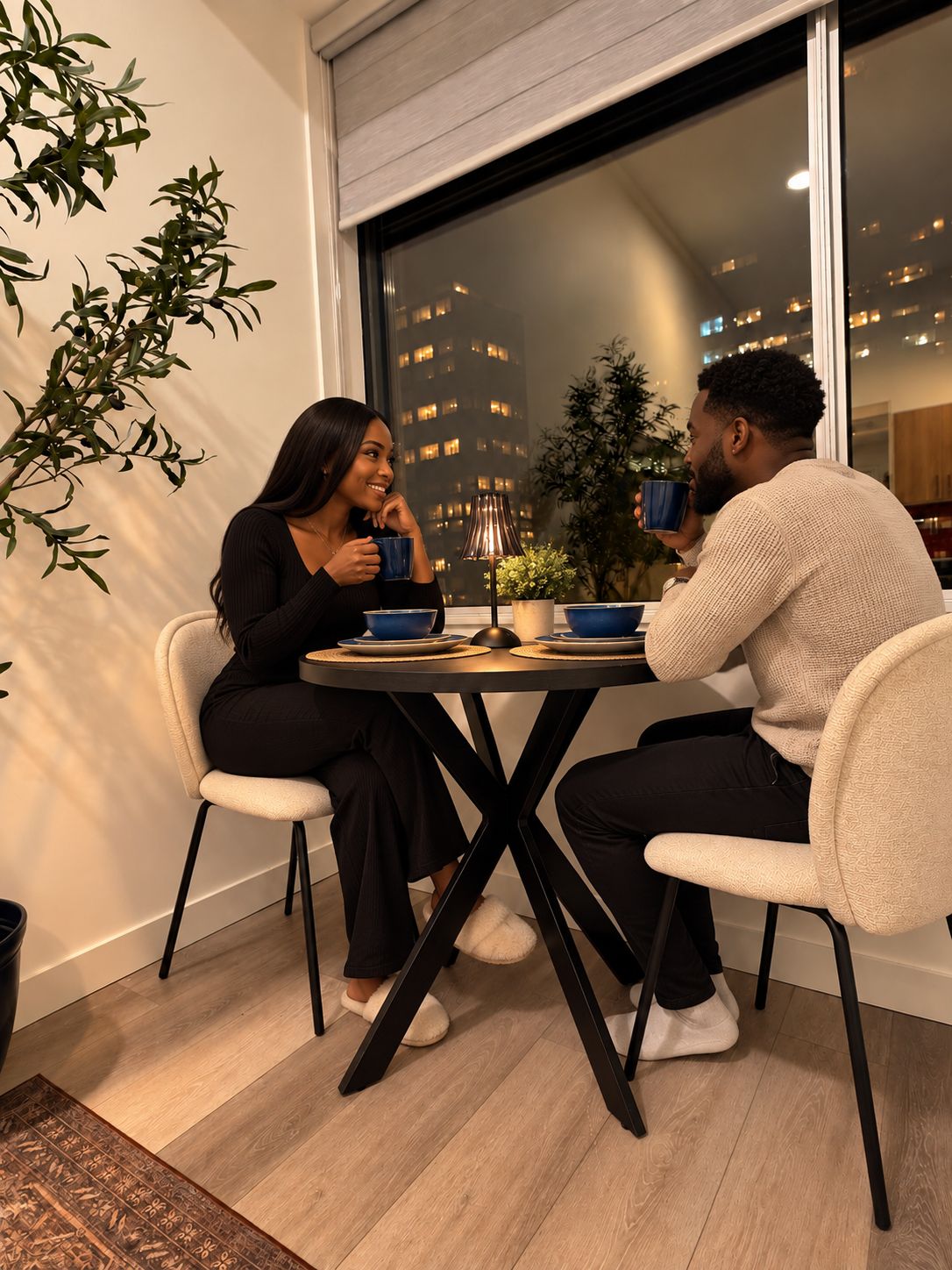 Two people seated at a table with a city view, a lamp, and a potted plant.