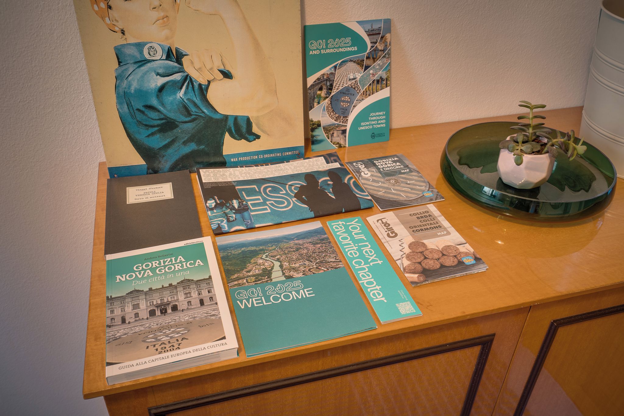 A table with various travel brochures and a potted plant.