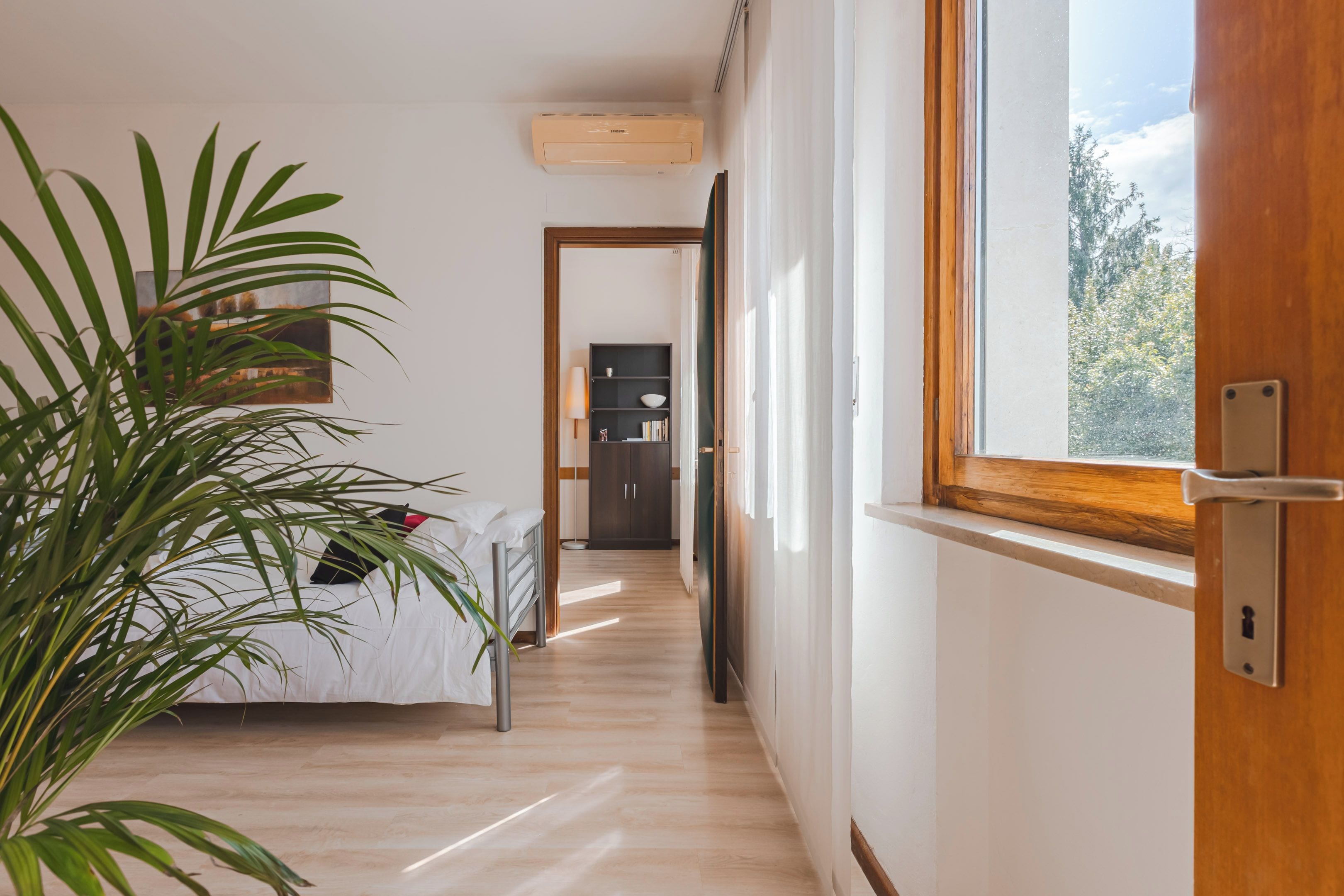 Een moderne hotelkamer met een bed, een kamerplantje, een raam met uitzicht en een deur naar een andere kamer.