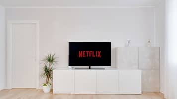 A modern living room with a white entertainment unit, a flat-screen TV displaying 'NETFLIX', and a small potted plant.