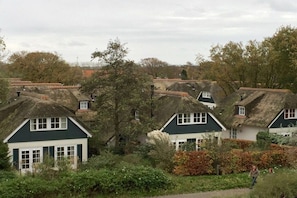 Une rangée de maisons traditionnelles aux toits de chaume, entourées d’arbres et de verdure.