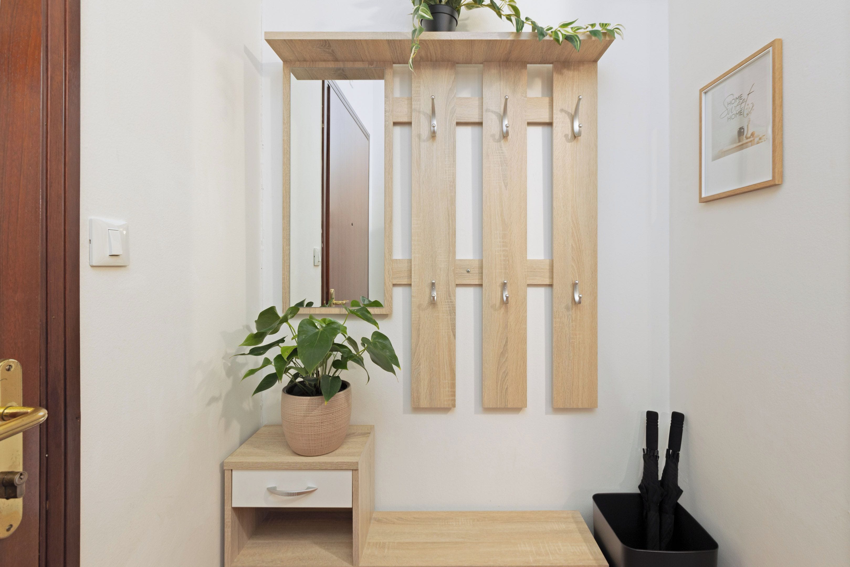 A hallway with a wooden coat rack, a potted plant, a small table with a drawer, and a framed picture on the wall.