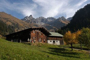 A wooden cabin with a green roof, surrounded by a grassy area and mountains in the background. - Alpenflair holiday apartment Almfried 204 (Oberstdorf)