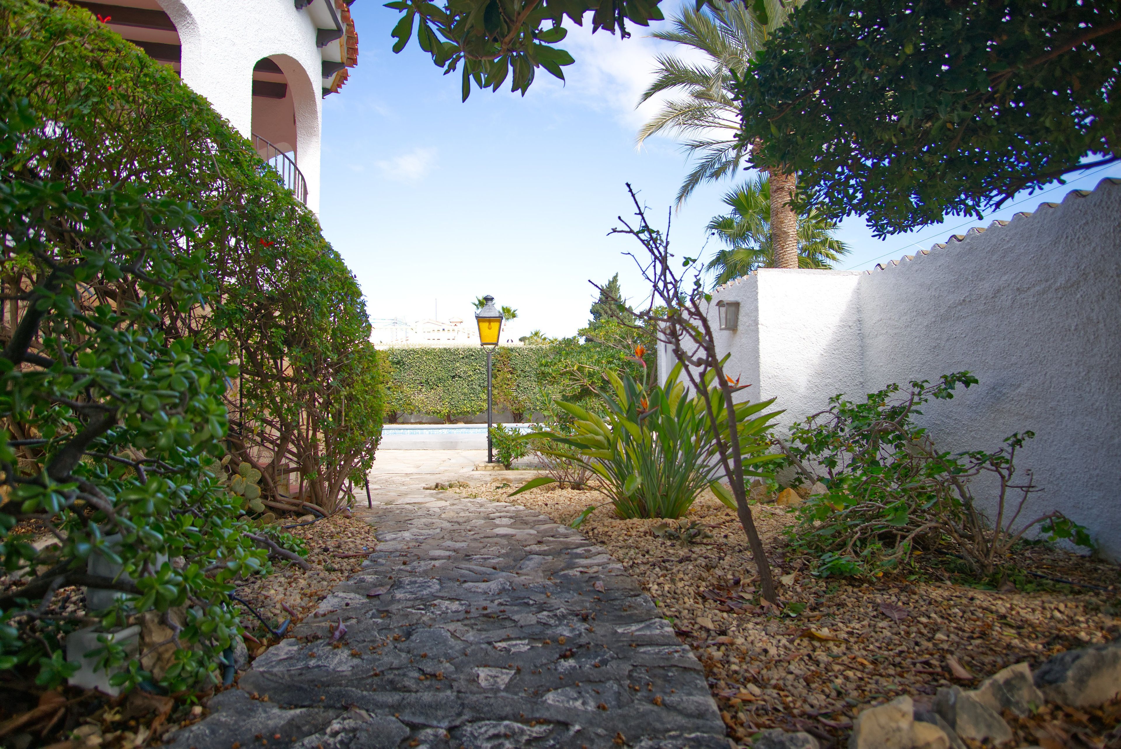 A stone pathway leading to a building entrance, surrounded by greenery and a clear sky.