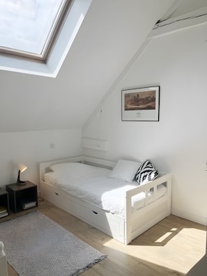 A bedroom with a skylight, a bed, a bedside table with a lamp, a patterned rug, and a framed picture on the wall. - Bed and Breakfast 'L'échappée Belle - Chambres' with Wi-Fi (Luc-sur-Mer)