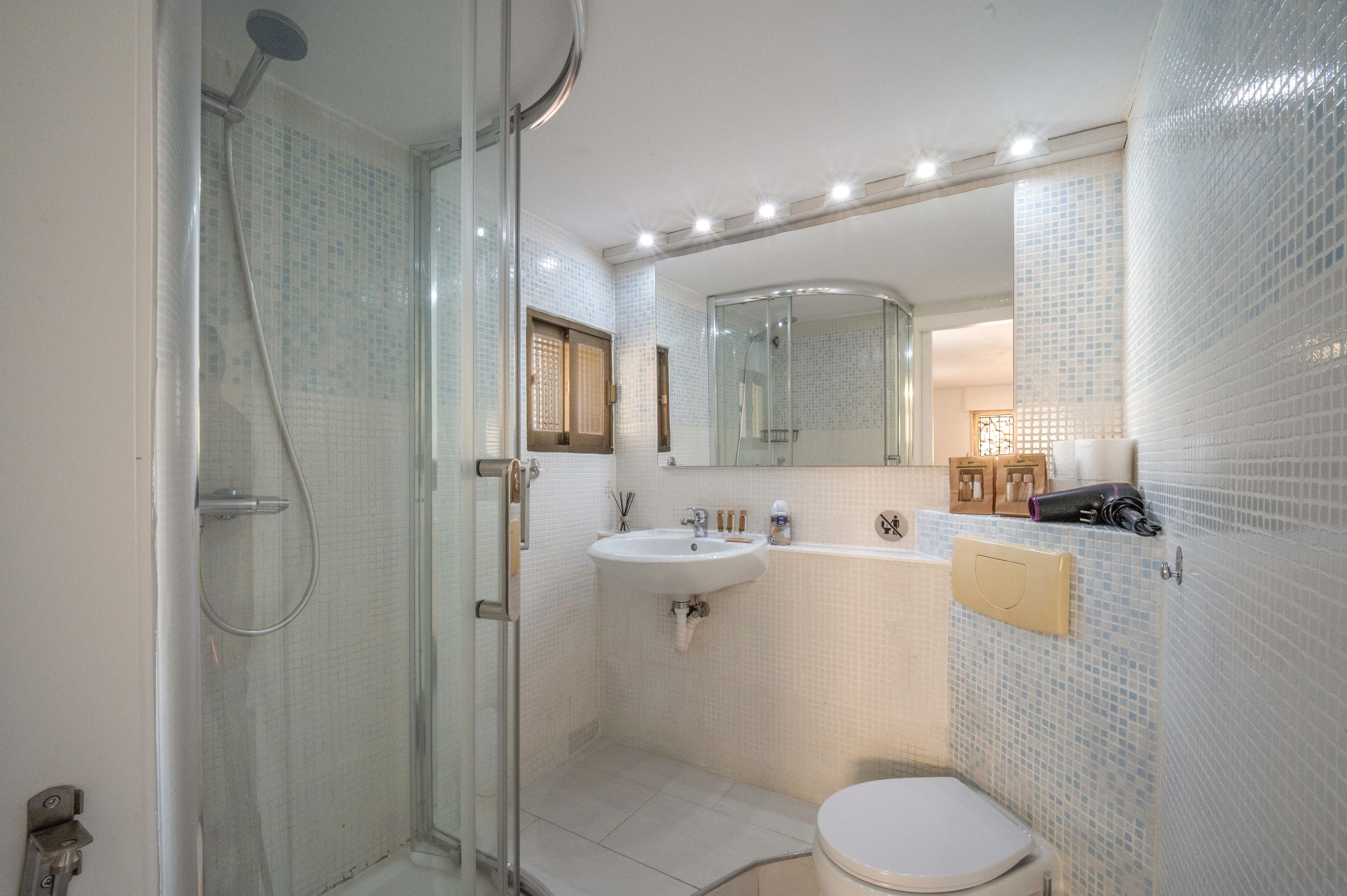 A bathroom with a glass shower enclosure, a sink, a toilet, and a mirror above the sink.