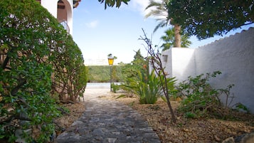 A stone pathway leading to a building entrance, surrounded by greenery and a clear sky.