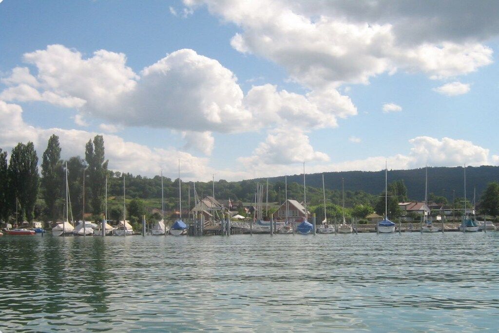 A marina with boats docked, surrounded by trees and hills.