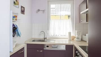 A compact kitchen with a sink, dishwasher, and oven.