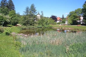 A serene pond surrounded by lush greenery and a church with a tower in the background. - Holiday home with 2 bedrooms (Lenzkirch OT Ruhbühl)