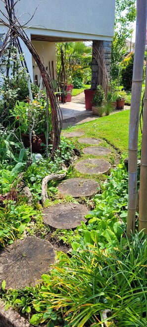 Un sendero en un jardín que lleva a una casa con una pared de piedra y plantas en macetas.