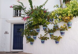 A white building with a blue door and multiple hanging planters with plants. - Cave Home | Sea and Mountain Views in Mijas Pueblo (Mijas Pueblo)