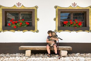 Eine Person sitzt mit einem Hund auf einer Bank vor einer Wand mit zwei Fenstern, die mit roten Blumen geschmückt sind.