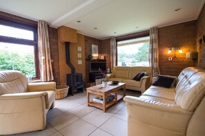 A cozy living room with leather sofas, a fireplace, and a television. - Holiday home in Buren with swimming pool (Buren)