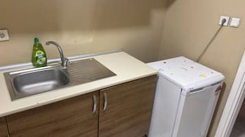 A compact kitchen with a sink, a bottle of dish soap, and a small refrigerator.