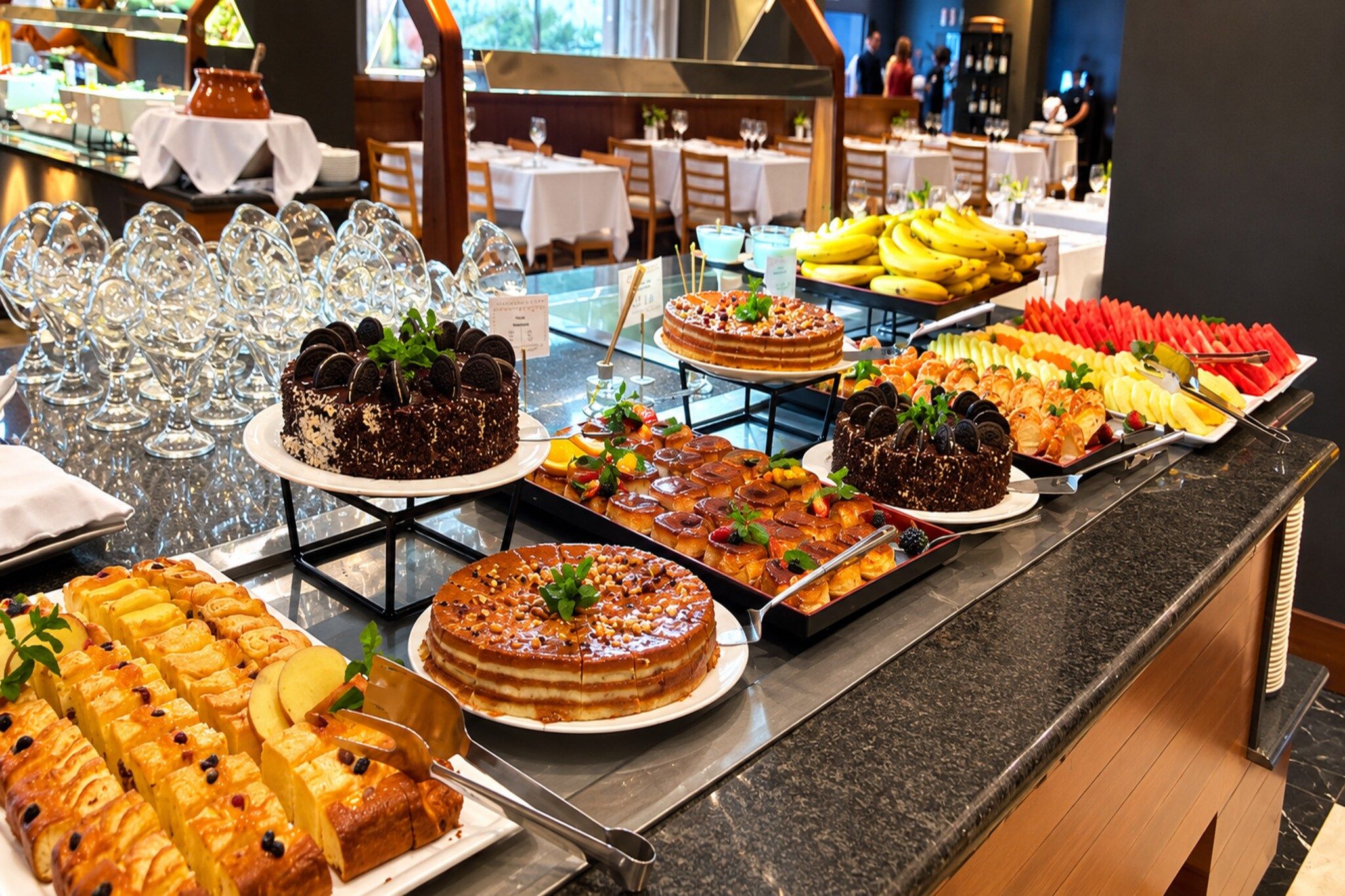 A buffet with various desserts and fruits.