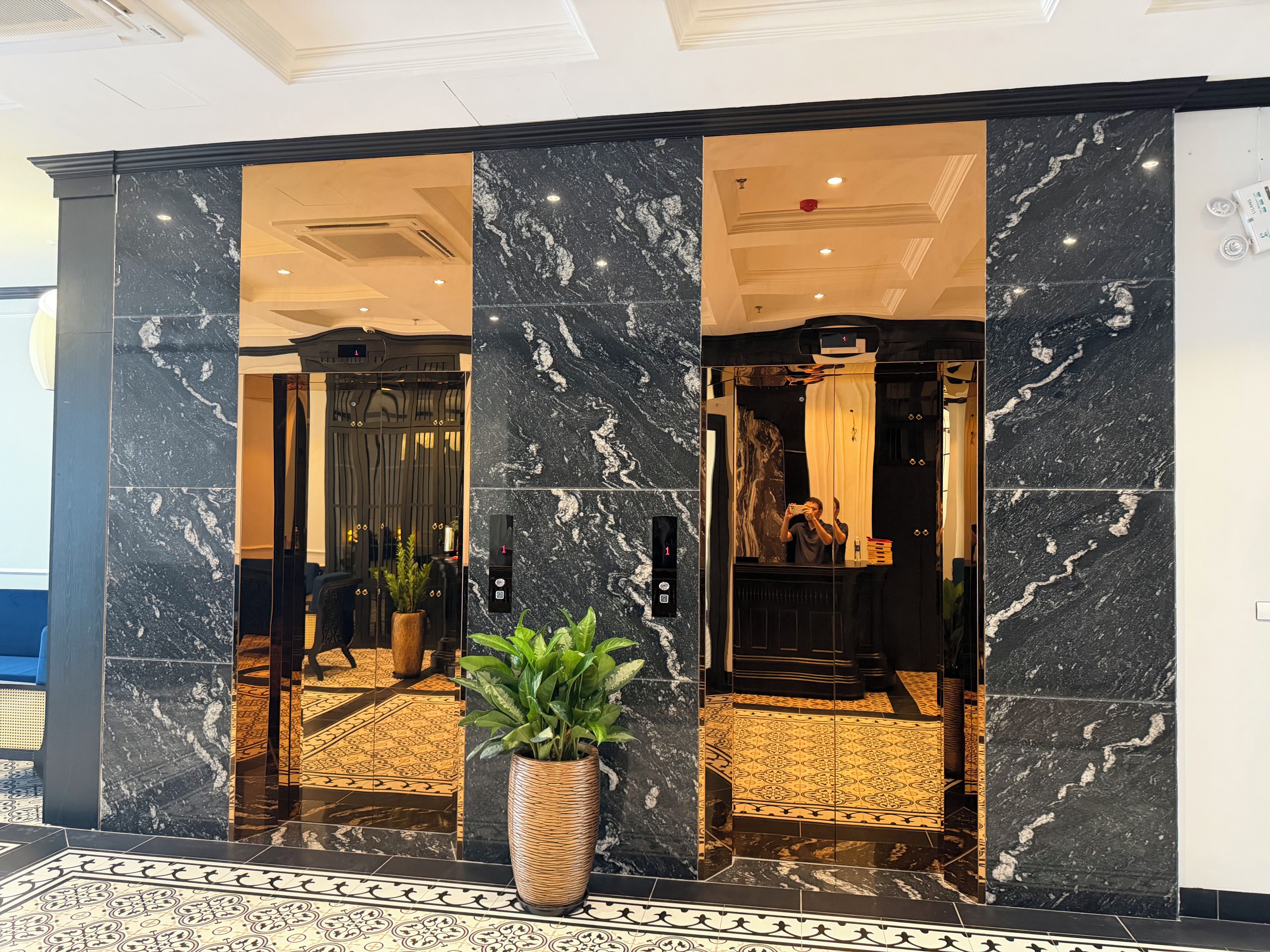 Um lobby moderno com parede de mármore, planta em vaso e piso estampado.
