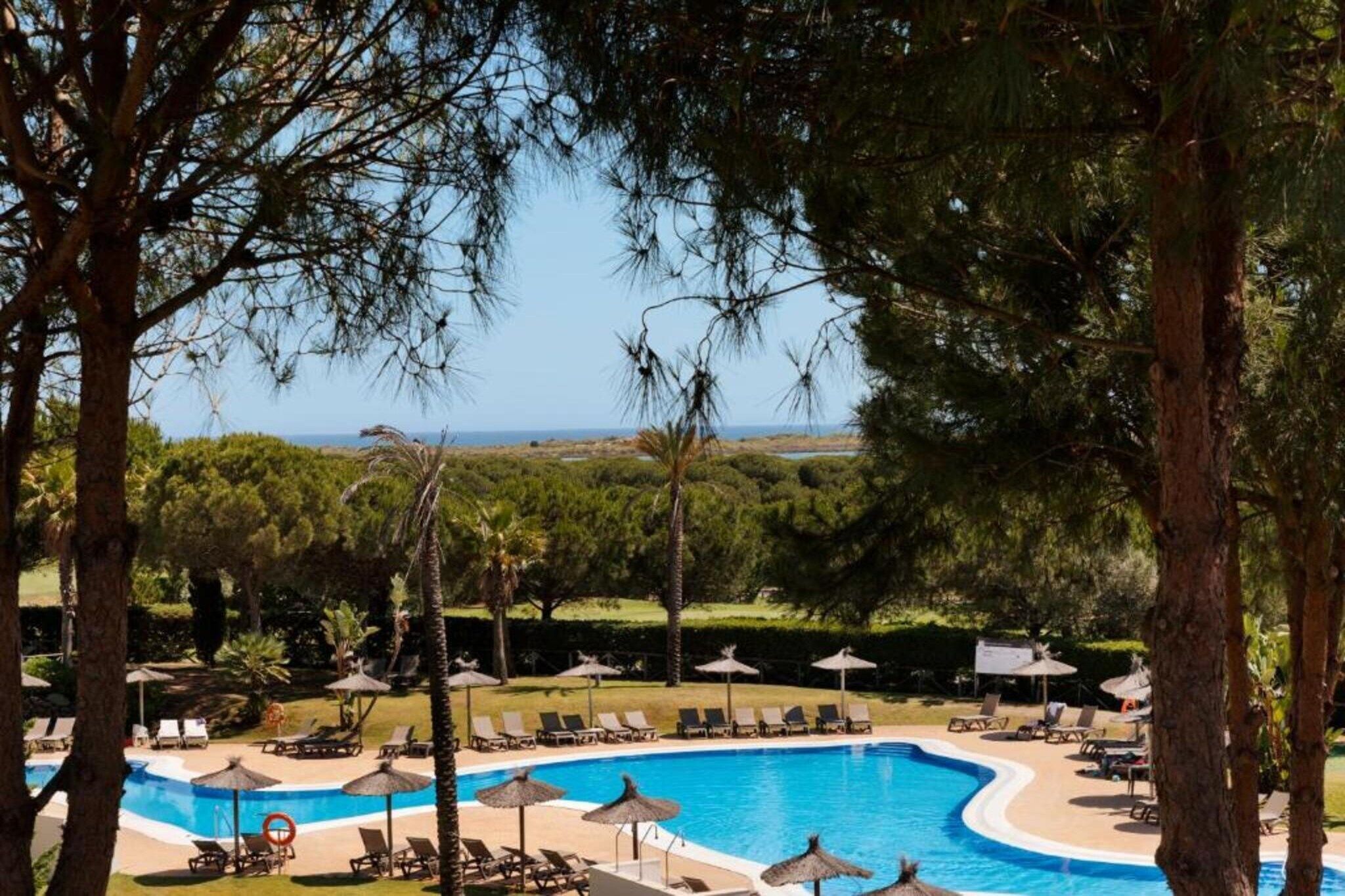 A pool area with lounge chairs and umbrellas, surrounded by trees and a view of the sea.