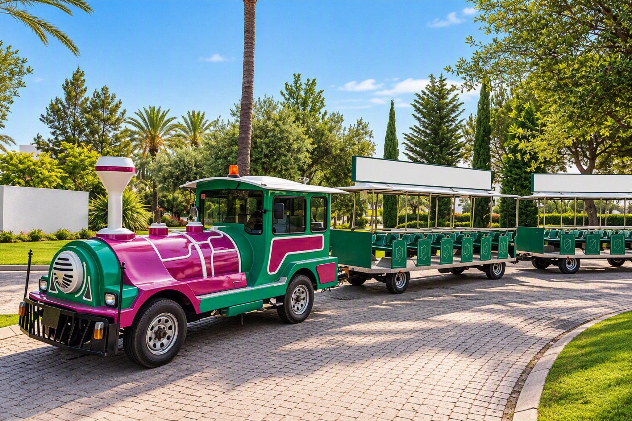 A miniature train with a green and pink color scheme, parked on a paved area with greenery in the background.